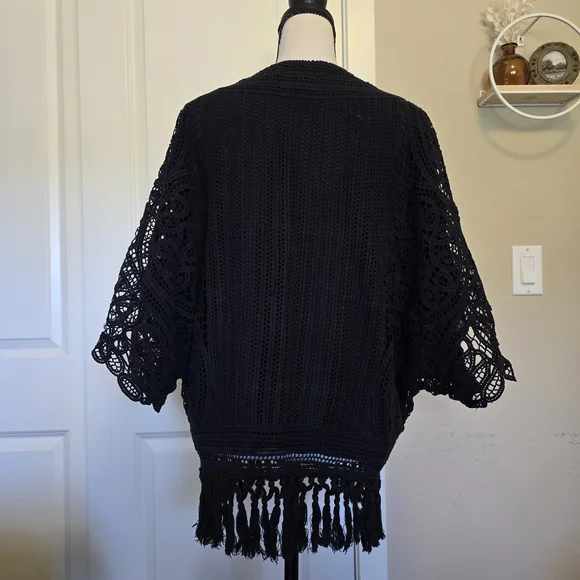 Greylin Anthropolgie Black Crochet Fringe Cardigan Size Small - Picture 3 of 15